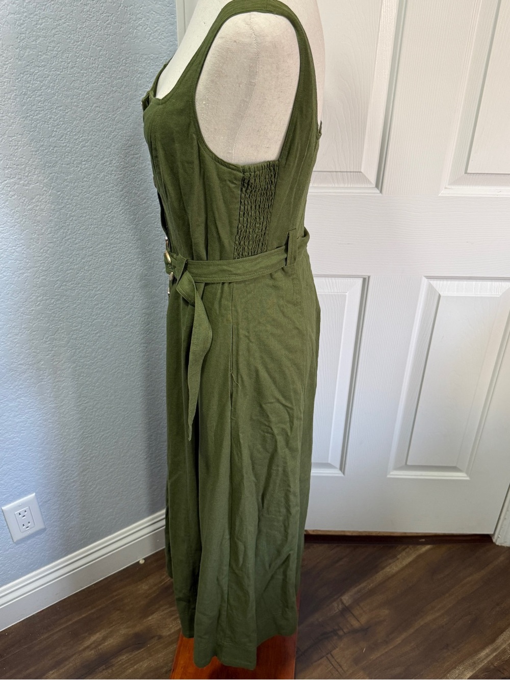 Taylor Olive Green Linen Midi Dress Belted Size 8 Coastal Resort Minimalist - Picture 6 of 14